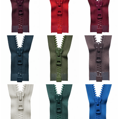 A collection of YKK Vislon heavy duty plastic open end zips in various colors.